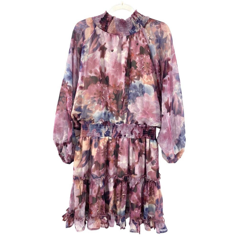 Anthropologie BTFL-Life Purple Floral Smocked Tiered Puff Sleeve Mini Dress Sz L
